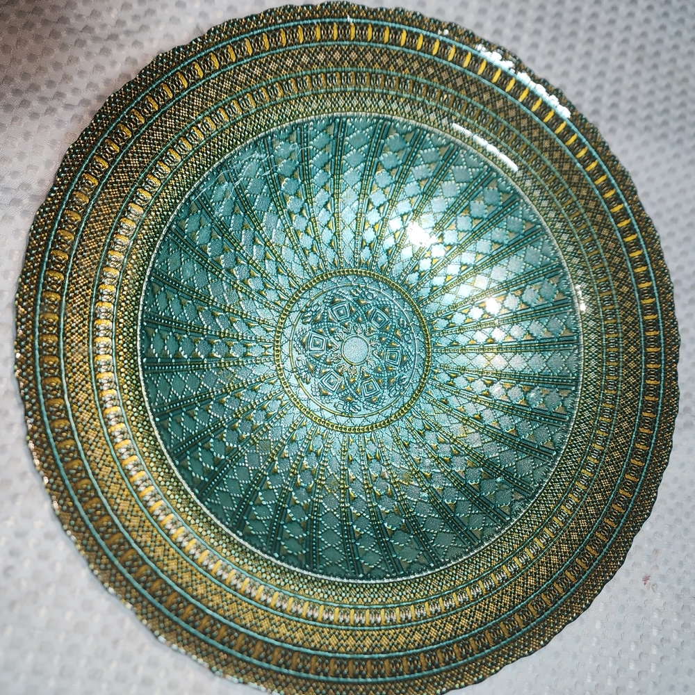 ARTISTIC ACCENTS EUC GREEN HAND DECORATED 15" IMPORTED BOWL TURKISH